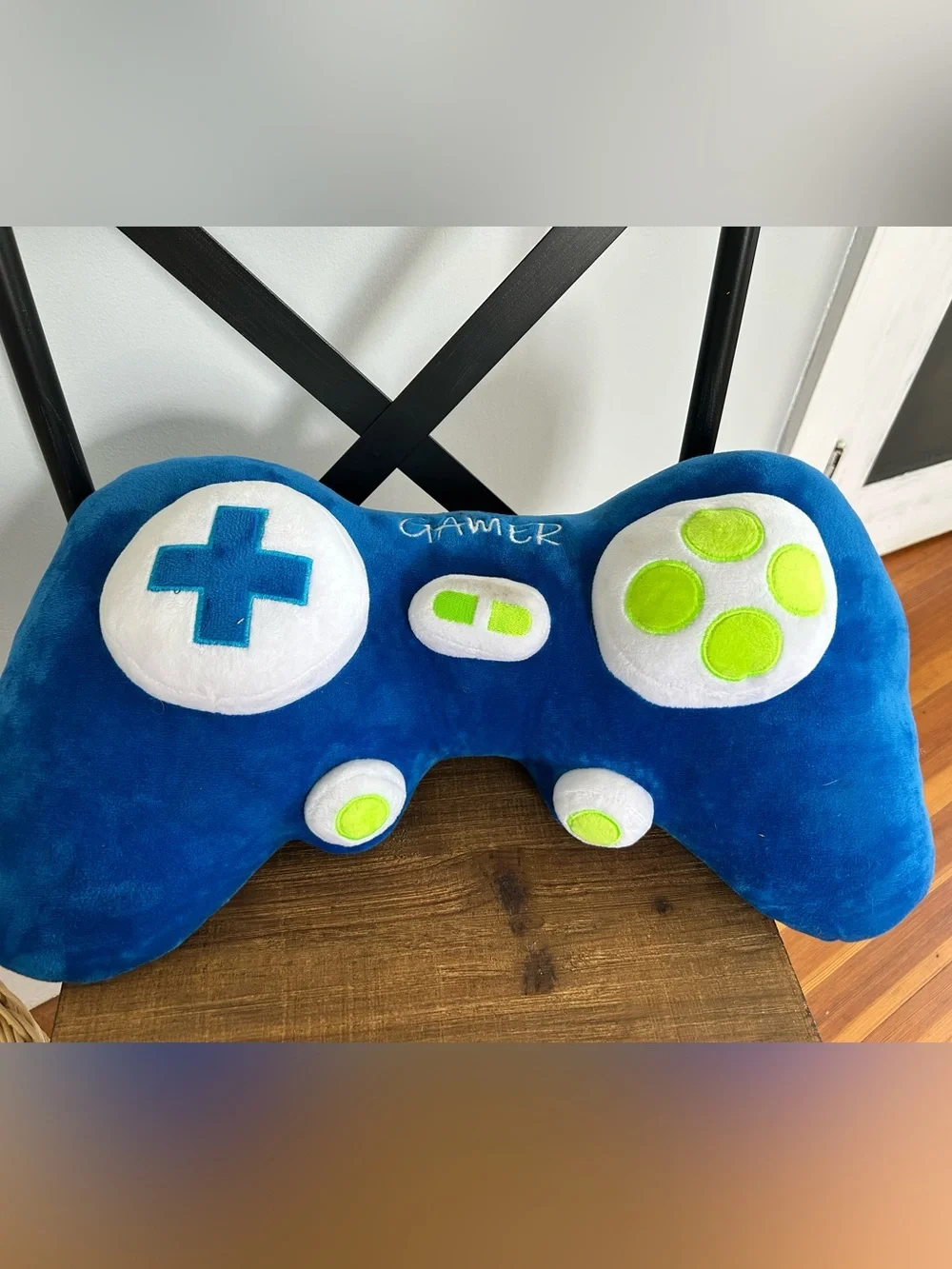 Blue Plush Gamer Controller Pillow Lime Accents large squish video game pillow